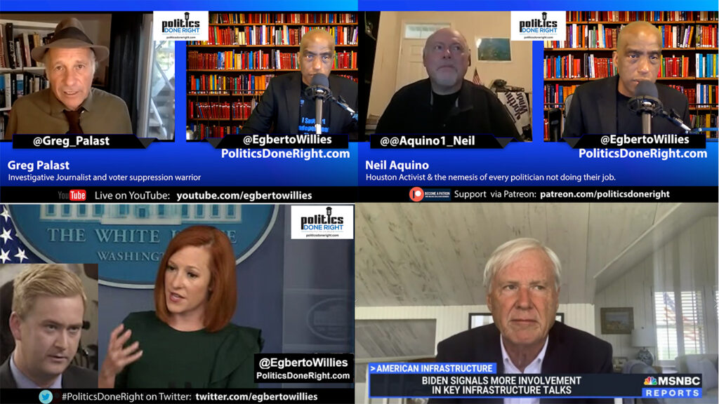 Greg Palast exposes voter suppression on video, Psaki dings GOP on defunding, Activist on Democracy