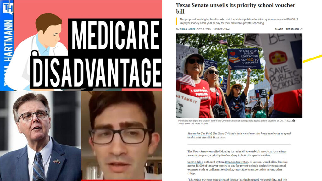 Activists protest Dan Patrick keeping racist $3 Million. No to Medicare Advantage & voucher rip-offs.