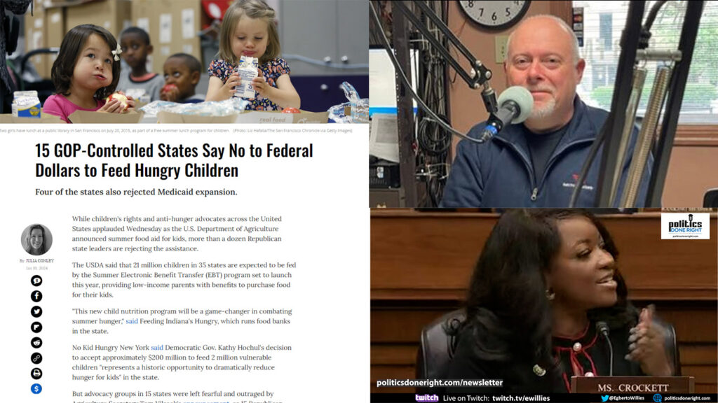15 Red States refuse Fed children hunger dollars. Rep. Crockett rips GOP at the hearing. Aquino