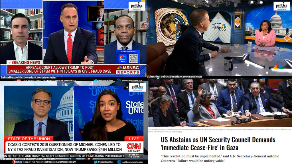 AOC rips Tapper's Trump defense. Todd rips NBC. Trump gets a bond reprieve. The US abstains.