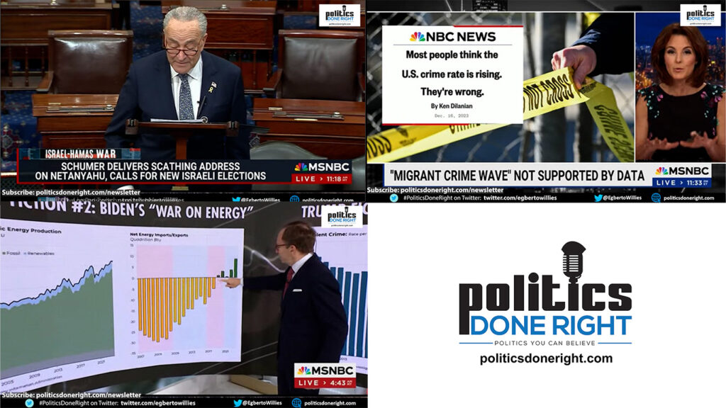Steve Rattner debunks Trump's lies with the charts. Fox News migrant crime lies debunked. Senator Chuck Schumer all but called for Netanyhu's ouster with new elections.