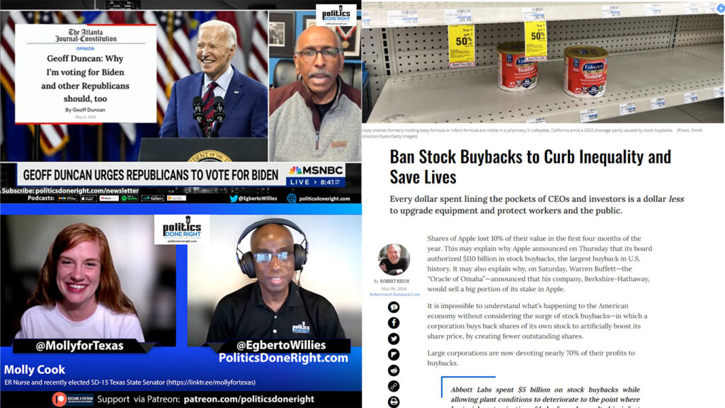 Ban stock buybacks. Republican said he is voting for the decent man, Biden. Molly Cook won!