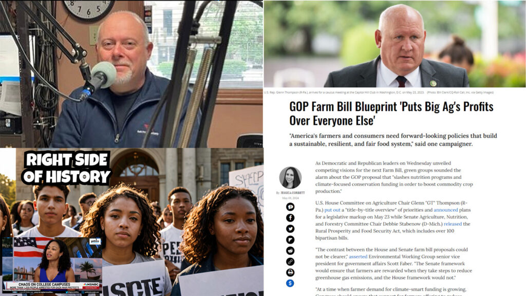 GOP Farm Bill all for big Ag. Neil Aquino visits. Best defense of student protests on MSM.